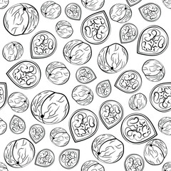 Walnut sketch print Monochrome vector illustration in two-tone colors Seamless pattern with whole and halved walnuts on white background