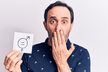 Middle age man asking for sex discrimination holding paper with gender equality message covering...