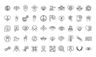 human rights day, line icons set design, included world love peace hands message