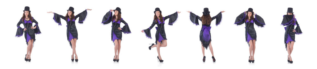 Fototapeta premium girl wearing violet and black dress isolated on white