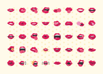 pop art mouth and lips, comic female lips set with a kiss, smile, tongue, teeth, flat icon design