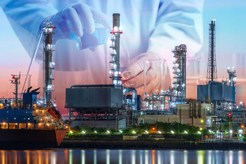 Composite image of laboratory test on the Oil&Gas refinery show concept of high quality control of product