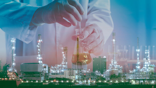 Composite image of laboratory test on the Oil&Gas refinery show concept of high quality control of product