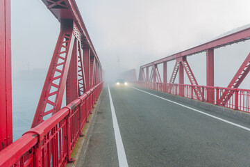 Fototapeta na wymiar A fantastic image of fog down the river was shot in Japan