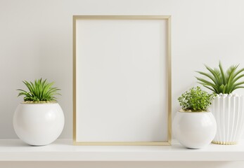 Home interior poster mock up with vertical metal frame with ornamental plants in pots on empty wall background.