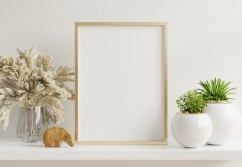 Home interior poster mock up with vertical metal frame with ornamental plants in pots on empty wall background.