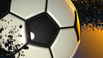 Soccer Ball with Particles under Orange-Blue lighting background. 3D illustration. 3D high quality rendering. 3D CG.