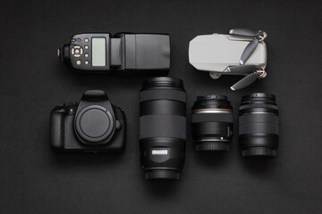 Camara, lentes, drone, y flash