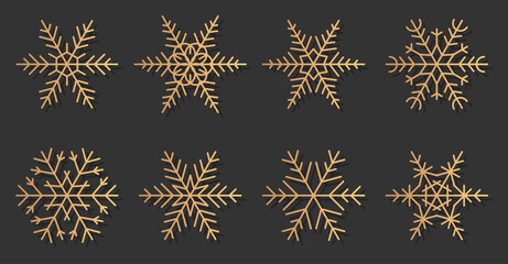 Gold snowflakes elegant silhouettes icons set. Great for decoration banner Merry Christmas and Happy New Year. Trendy golden gradient different shapes of snow. Isolated on dark vector illustration