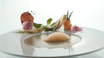 Haute Cuisine Food. Healthy exclusive food on big white platter close up. Delicious gourmet food.