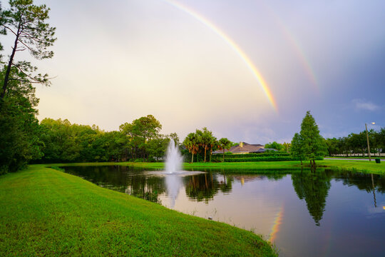 Beautiful double rainbow in summer	 - Powered by Adobe