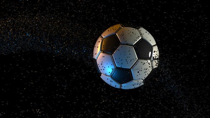 Fototapeta premium Soccer Ball with Particles under Orange-Blue lighting background. 3D illustration. 3D high quality rendering. 3D CG.