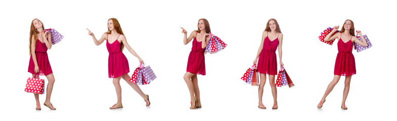 Woman with shopping bags isolated on white