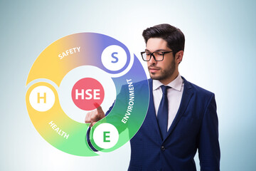 HSE concept with businessman pressing virtual button