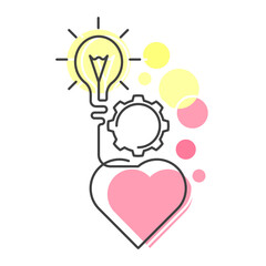 Concept of Emotional Intelligence. Empathy. Light bulb, heart and gear illustration. Flat style outline illustration. 