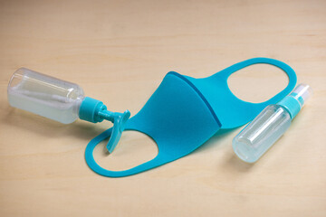 Coronavirus or covit 19 prevention medical surgical masks and hand sanitizer gel for hand hygiene corona virus protection.