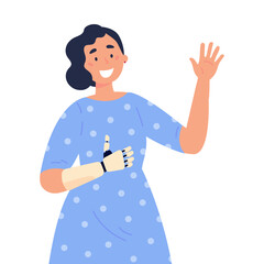 Disabled woman presents a prosthesis.Young woman with artificial limb isolated cartoon character on white background.Advertising concept.Vector flat style cartoon illustration.
