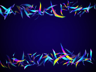 Fototapeta na wymiar Holographic flying confetti glitters on dark blue