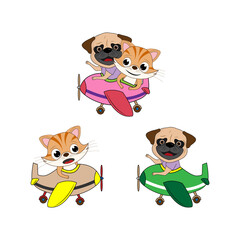 illustration vector graphic of cute cat and dog animal character cartoon on the plane isolated, perfect for cover, book, birthday card, gift card, wrap paper, sticker, t-shirt, memo, decoration