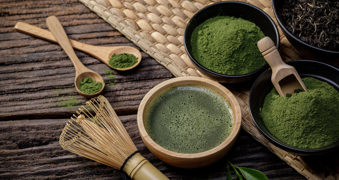 Japanese organic matcha green tea powder in bowl with wire whisk and green tea leaf on wooden background, Organic product from the nature for healthy with traditional style