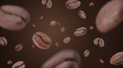 Flying whirl roasted coffee beans in the air studio shot on brown background, Healthy products by organic natural ingredients concept