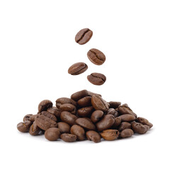 Flying whirl roasted coffee beans in the air studio shot isolated on white background, Healthy products by organic natural ingredients concept