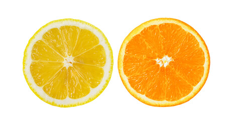 slice orange and lemon on white background