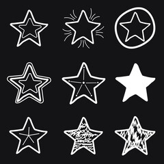 Set, collection of 9 different hand drawn stars, rough handmade, black doodles EPS Vector