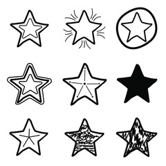 Set, collection of 9 different hand drawn stars, rough handmade, black doodles EPS Vector