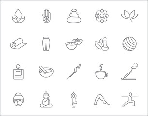 Set of yoga and spa icons line style. It contains such Icons as wellness, pose, beauty, peace, therapy and other elements.