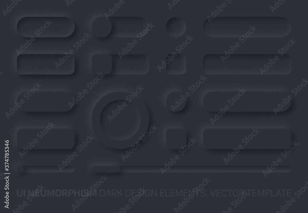 Poster neumorphic vector ui design elements set dark version. ui components and shapes buttons, bars, switc