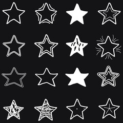 Big set, collection of  16 different hand drawn stars, rough handmade, black doodles EPS Vector