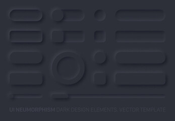 Neumorphic Vector UI Design Elements Set Dark Version. UI Components And Shapes Buttons, Bars, Switchers, Sliders In Simple Elegant Trendy Neomorphic Style For Apps, Websites, Interfaces - obrazy, fototapety, plakaty