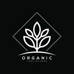 White leaf plant vector logo with square line background