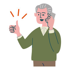 男性　シニア 　携帯電話　いいね　立っている
