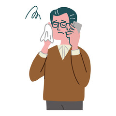 男性　中年　携帯電話　悩んでいる　冷や汗
