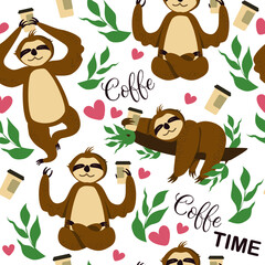 Naadloze patroon Schattige luiaards drinken koffie. Platte stijl. Koffie tijd belettering. Afdrukken voor menu& 39 s, textiel, t-shirts, sweatshirts. koffiepauze
