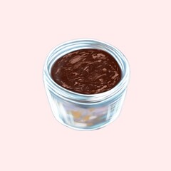 Chocolate portioned dessert in a glass jar on a pink background. Digital illustration made by hand.