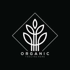 White leaf plant vector logo with square line background