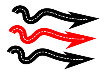 vector one red arrow curve road in middle black arrow curve road isolate on white background