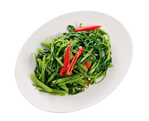 Fried morning glory and vegetables in oyster sauce