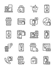 set of online shopping thin line icons, application store, customer service, ecommerce