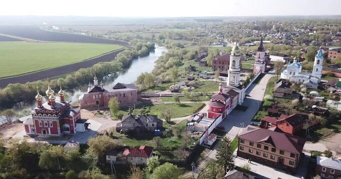 Panoramic aerial view of district of Belev on riverside, Tula region, Russia. High quality 4k footage