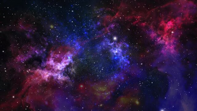 The universe is filled with colorful nebula clouds moving through the vast space