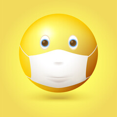 Emoji emoticon with medical mask over mouth and nose. Vector 3d illustration.