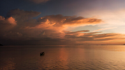 Sunset drone photo of stranded ship wreck in Nathon harbor Koh Samui island in Thailand