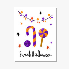 Fototapeta na wymiar Halloween cartoon greeting card or nursery poster - pattern with lights garland and sweet candy cane and lollipop on white background, copy space for your text, pre-made vector template for print