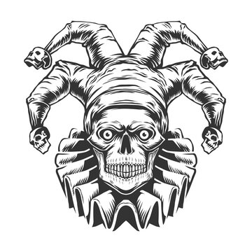 joker skull, Isolated black and white vector illustration on the white background.