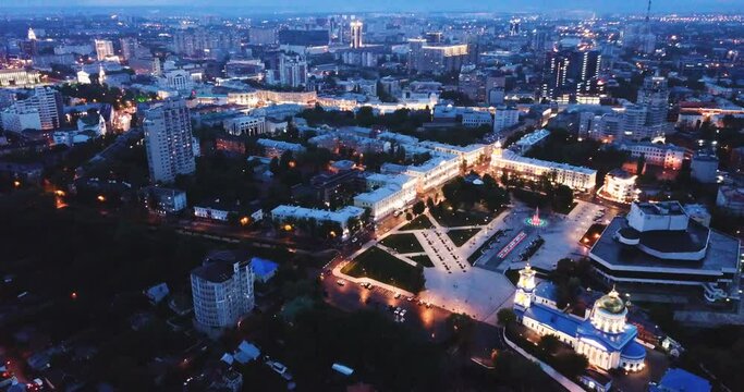 Panoramic night view of Russian city Voronezh in illumination