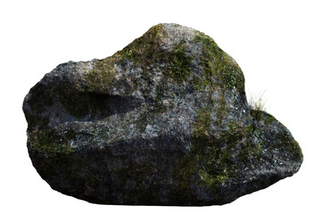 boulder covered with moss, lichen and grass, rock isolated on white background
